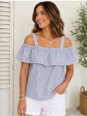 J. Crew Blue and White Striped Off-Shoulder Ruffle Camisole